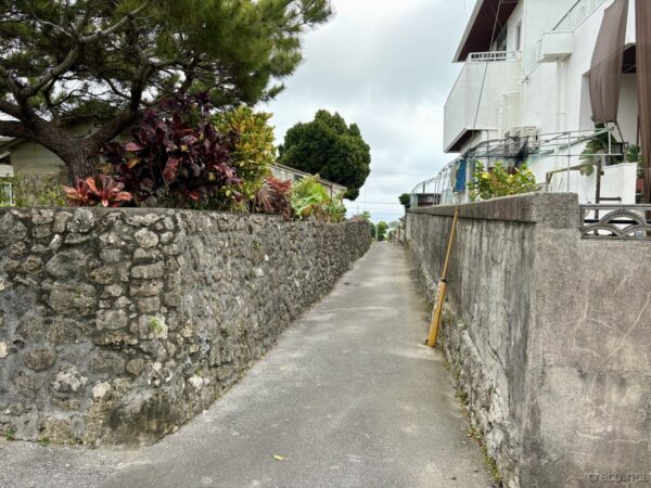 宮城島のスージ（小路）。石垣と赤木の間を抜けるアスファルトの路地、遠くに赤瓦の民家、沖ツラ第3話の舞台。