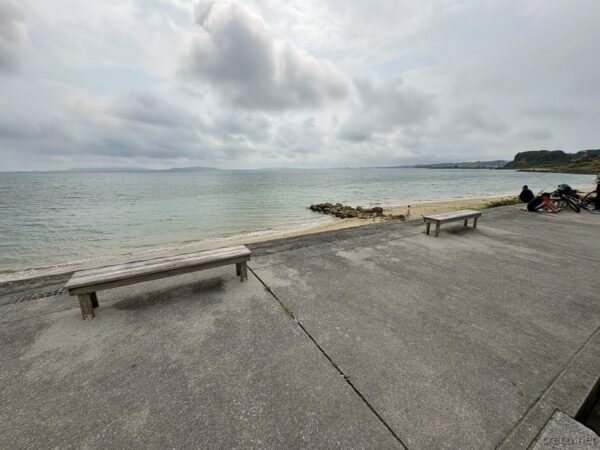 宮城島・具志川ビーチのサバニ風フレームと椰子。砂浜に佇む縄張りの棚、聖地巡礼中に出会った野良猫が歩く南国の光景。