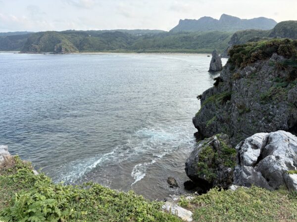 辺戸岬から南方向を望む。岩礁の入江と緑の断崖、奥に宇嘉集落と国頭の山々、やんばる北端の雄大な景色。