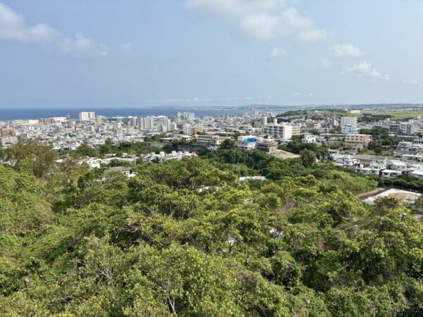 前田高地から東側の眺望。遠くに那覇の高層ビル群と海、沖縄戦時の戦略的眺望ポイントの現代の景色。