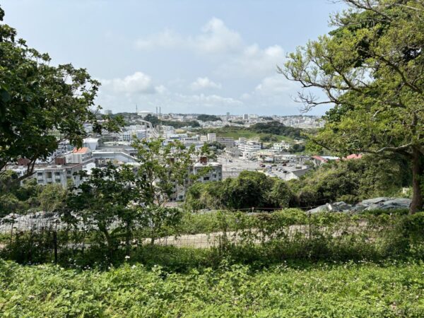 浦添城跡展望所からの大パノラマ。木々の間から広がる那覇市街、沖縄本島南部の現代の街並み。