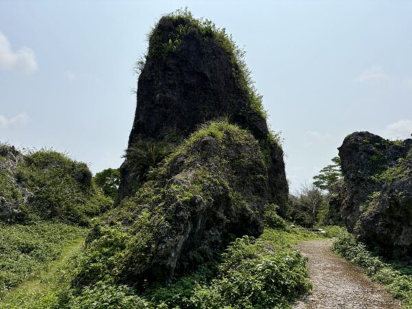 浦添城跡の岩塊群が並ぶ奇景。地層がむき出しになった石灰岩のオブジェと小道、地質学的にも興味深い史跡。