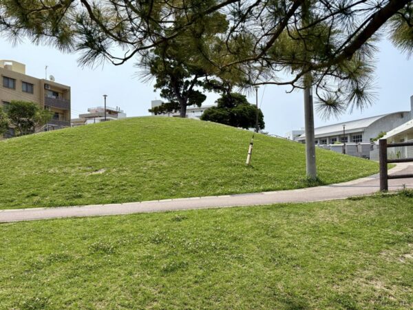 嘉数高台公園の日本軍陣地跡の円形マウンド。芝生に覆われた土塁と松、沖縄戦の激戦地の現在の穏やかな姿。