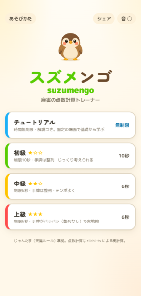 麻雀の点数計算トレーナー「スズメンゴ」のトップ画面。スズメのマスコットとモード選択
