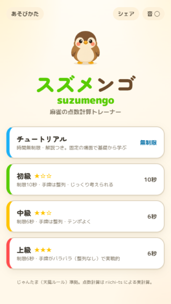 麻雀の点数計算トレーナー「スズメンゴ」のトップ画面。スズメのマスコットとモード選択