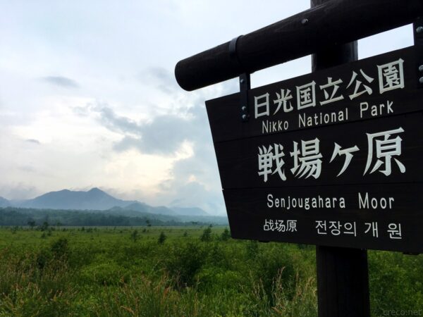 戦場ヶ原の入口看板、「日光国立公園 戦場ヶ原 Senjougahara Moor」の木製標識と一面の緑の湿原・遠景の山並み