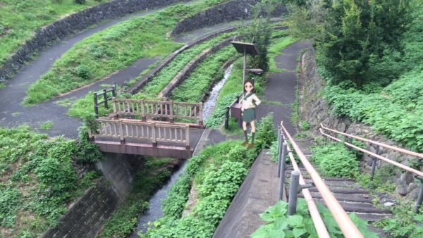 箕ノ口公園の水路、苔むした石垣とコンクリートの小さな橋