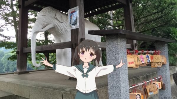 観音寺境内の鐘楼内に置かれた白い象の石像、右側にヤマノススメ痛絵馬が並ぶ