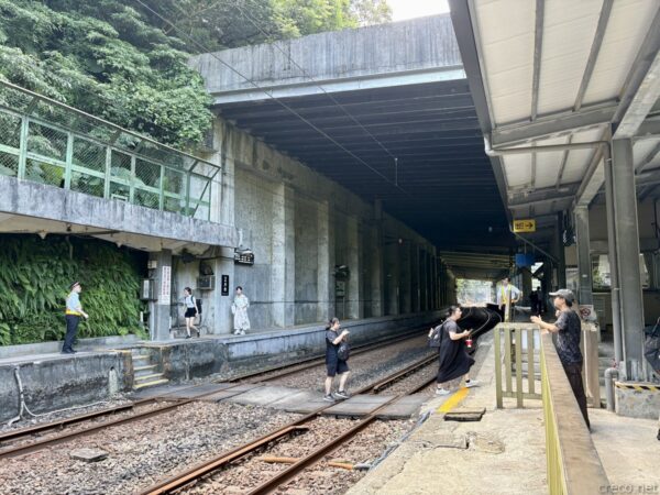 高架橋の下を通る線路とホーム。太いコンクリートの橋脚の陰で、数人が線路脇に立って写真を撮る。壁面が苔で緑がかっている。