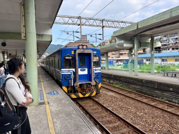 駅ホームに入線する青と白の臺鐵通勤電車。手前に待つ乗客の後ろ姿があり、複線の線路と緑の屋根のホーム、遠くの街並みが見える。