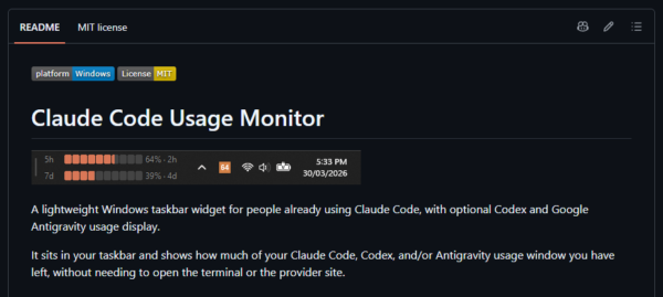 Claude Code Usage Monitorのgithub READMEページ。platform Windows、License MITのバッジと、タスクバーに表示される使用量ウィジェットのスクリーンショット、5時間ウィンドウ64%・7日ウィンドウ39%の表示