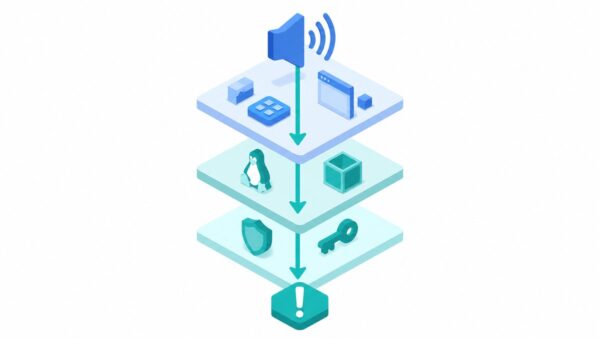 Windowsのスピーカーアイコンから伸びる矢印が、アプリケーション層・WSL/Linux層・認証トークン層の3層を貫いて原因にたどり着く様子を表したアイソメトリック図解