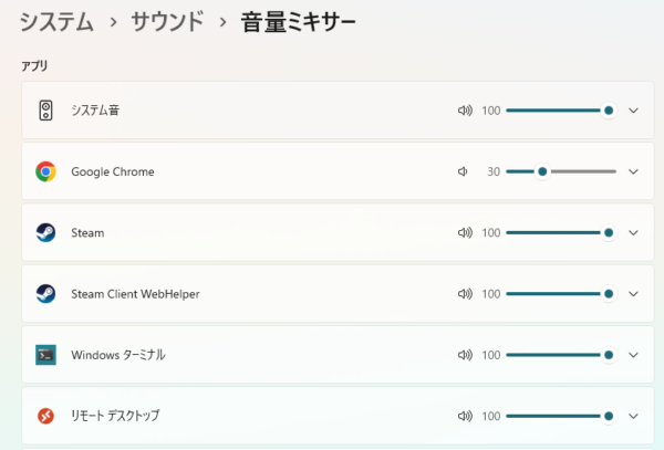 Windows 11の音量ミキサーのアプリ一覧。システム音、Google Chrome、Steam、Steam Client WebHelper、Windows ターミナル、リモート デスクトップの6項目が表示されている