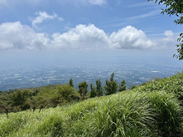 鍋割山から関東平野を一望する眺め。青空に大きな積雲が浮かび、眼下に霞む平野、手前の斜面にはススキが揺れる晴れ間。